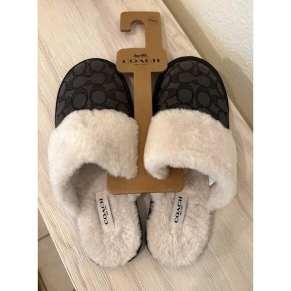 Coach Women's Smoke/Coal/Black Shearling Lined Logo Mules Zena Slippers Size 8 - Picture 3 of 5